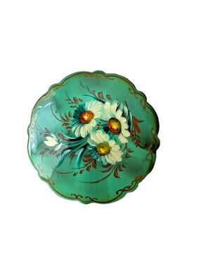 Vintage Estate Russian Green Lacquer Wood Painted Flower Brooch Pin Signed